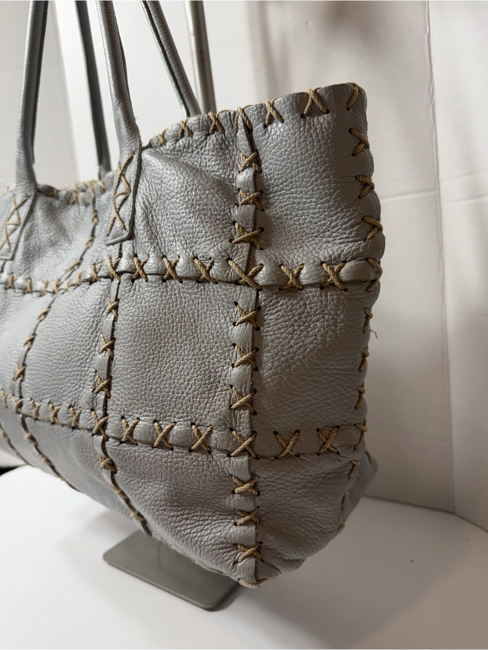 BERGE ITALY LEATHER SQUARE STITCH PURSE PALE BLUE HOBO - Picture 2 of 7